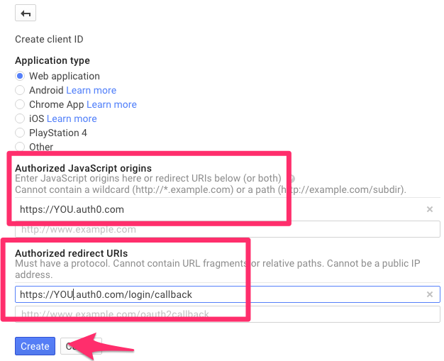 Add JS Origins and Redirect URI